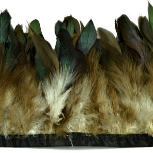 GALON PLUMES COQ 15CM marronetvert